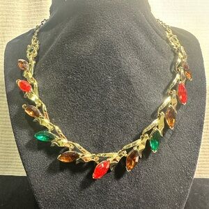 Vtg: Champagne Gold Toned, Multicolored Faceted Rhinestone Necklace